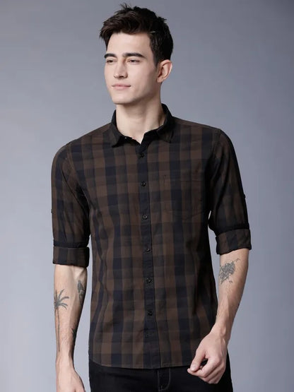 Suburbans Men Brown Checked Slim Fit Casual Shirts