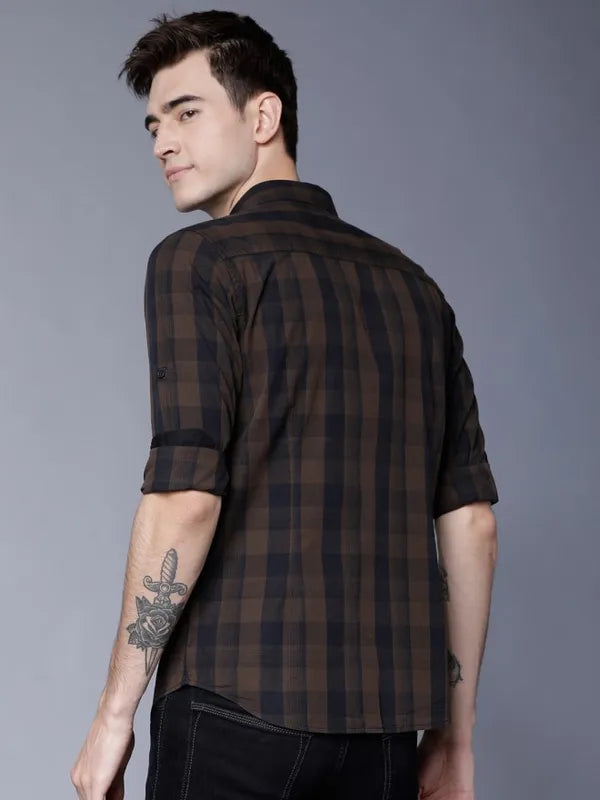 Suburbans Men Brown Checked Slim Fit Casual Shirts