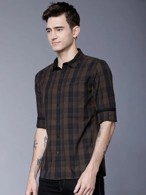 Suburbans Men Brown Checked Slim Fit Casual Shirts