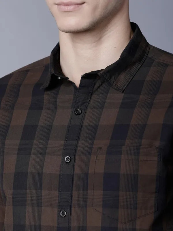 Suburbans Men Brown Checked Slim Fit Casual Shirts