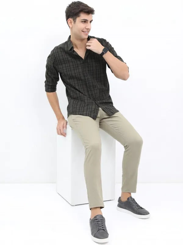Suburbans Men Olive Checked Slim Fit Casual Shirts