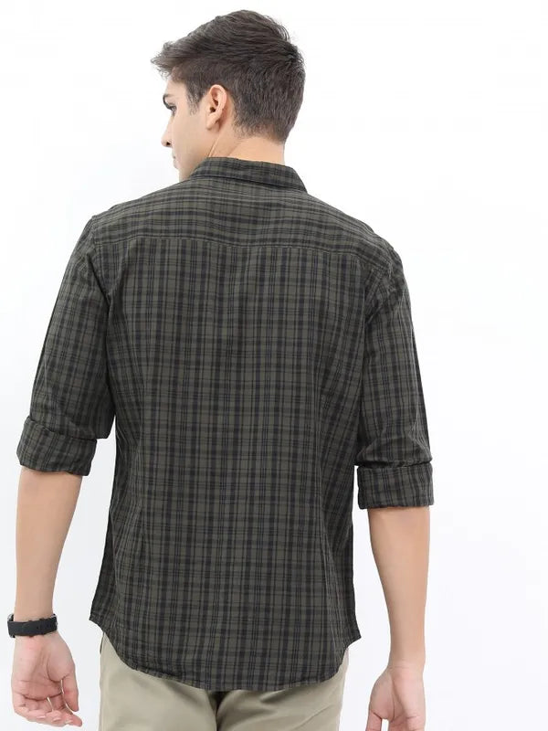 Suburbans Men Olive Checked Slim Fit Casual Shirts