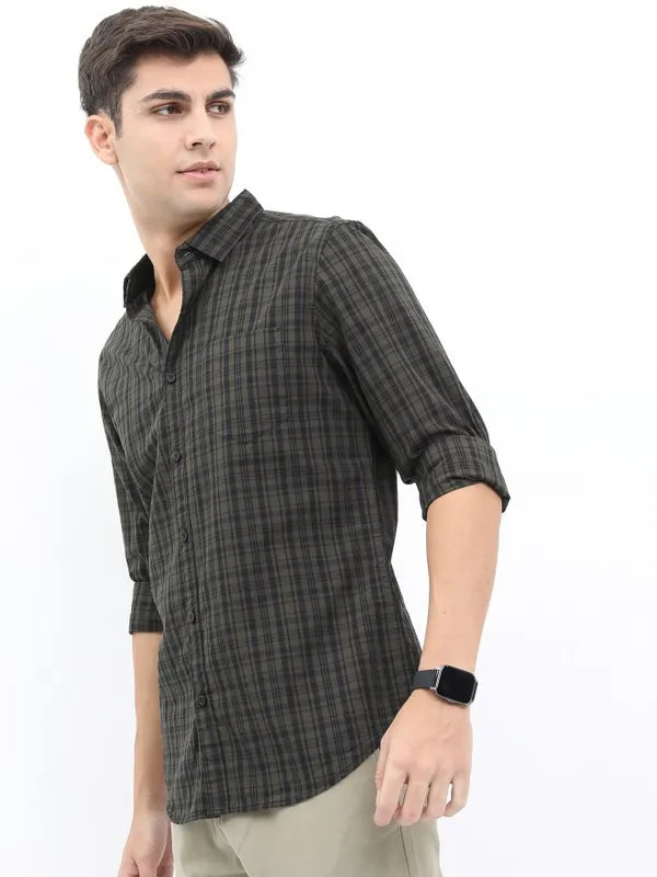 Suburbans Men Olive Checked Slim Fit Casual Shirts