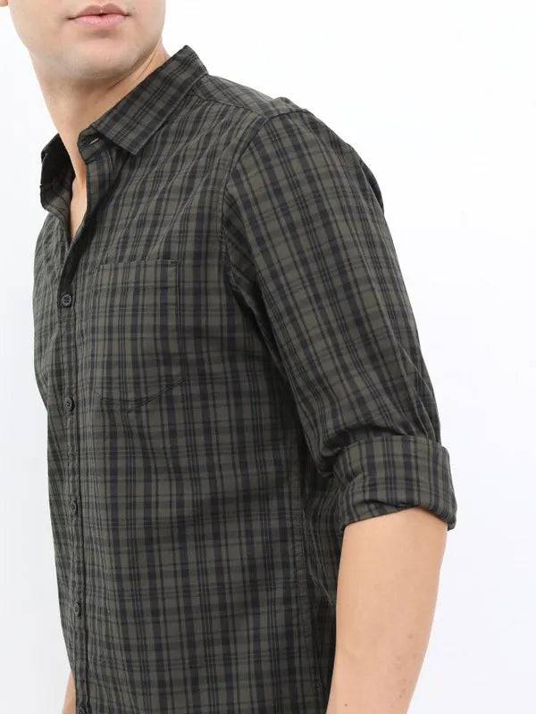 Suburbans Men Olive Checked Slim Fit Casual Shirts