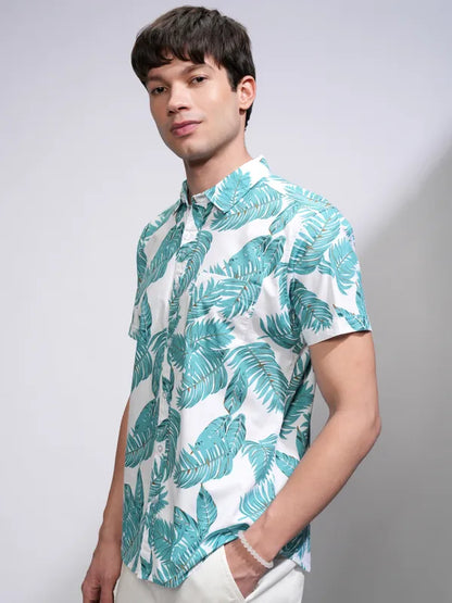 Suburbans Men Green Printed Slim Fit Casual Shirts