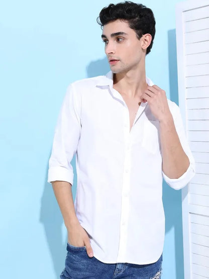 Suburbans Men White Solid Slim Fit Casual Shirts