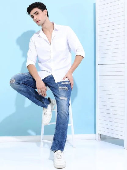 Suburbans Men White Solid Slim Fit Casual Shirts