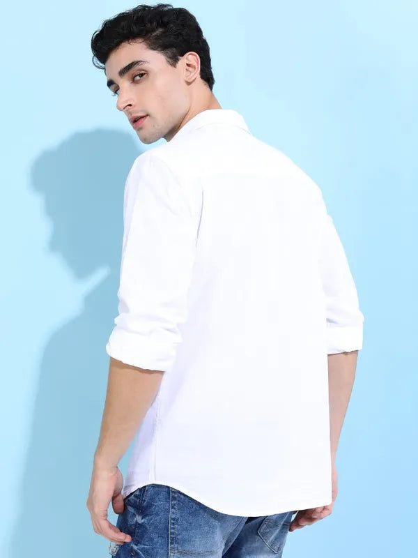 Suburbans Men White Solid Slim Fit Casual Shirts