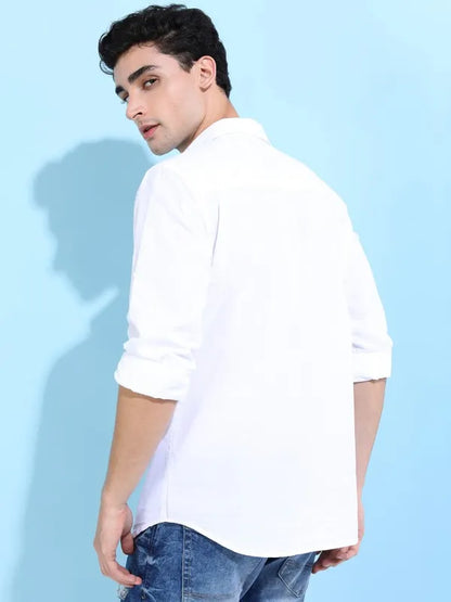 Suburbans Men White Solid Slim Fit Casual Shirts