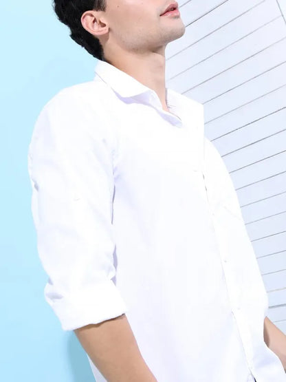 Suburbans Men White Solid Slim Fit Casual Shirts