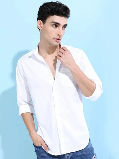 Suburbans Men White Solid Slim Fit Casual Shirts