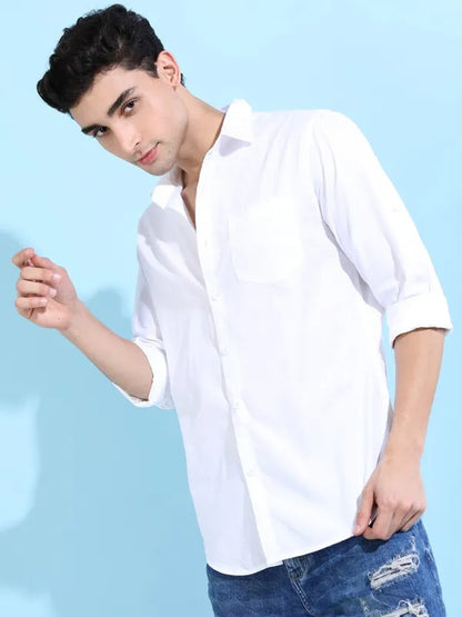 Suburbans Men White Solid Slim Fit Casual Shirts