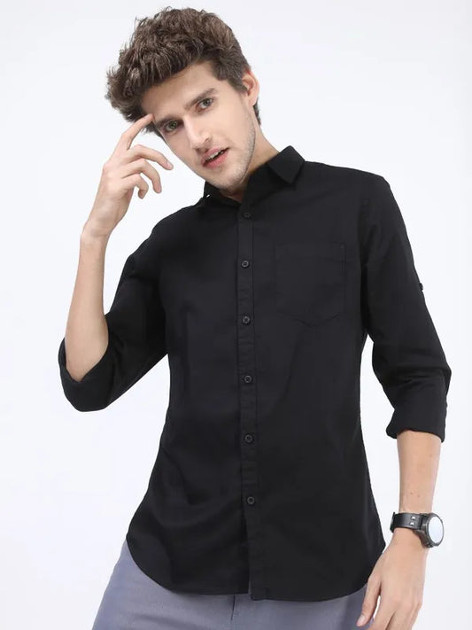 Suburbans Men Black Solid Slim Fit Casual Shirts