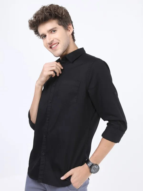 Suburbans Men Black Solid Slim Fit Casual Shirts