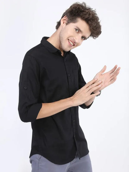 Suburbans Men Black Solid Slim Fit Casual Shirts