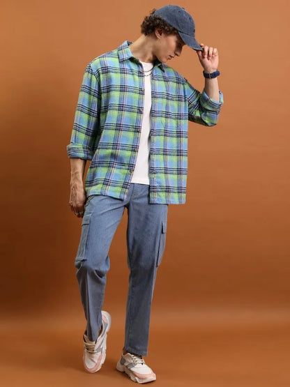 Suburbans Men Blue Checked Oversized Fit Casual Shirts