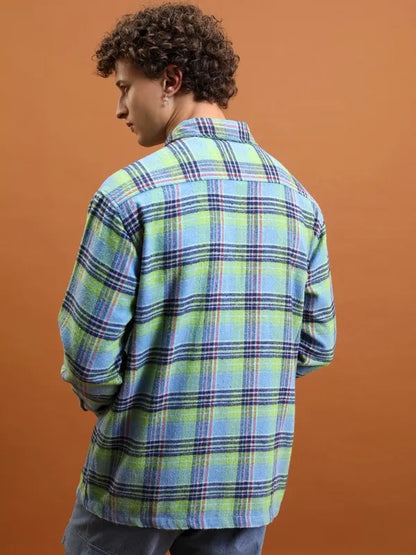 Suburbans Men Blue Checked Oversized Fit Casual Shirts