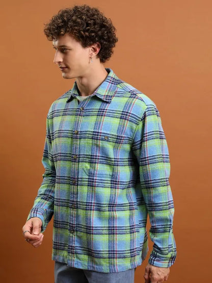 Suburbans Men Blue Checked Oversized Fit Casual Shirts
