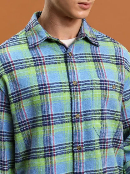 Suburbans Men Blue Checked Oversized Fit Casual Shirts