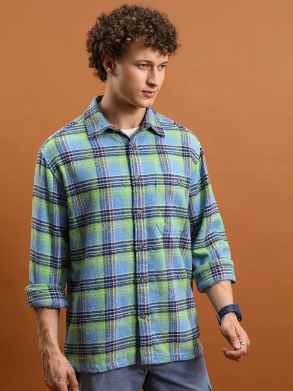 Suburbans Men Blue Checked Oversized Fit Casual Shirts