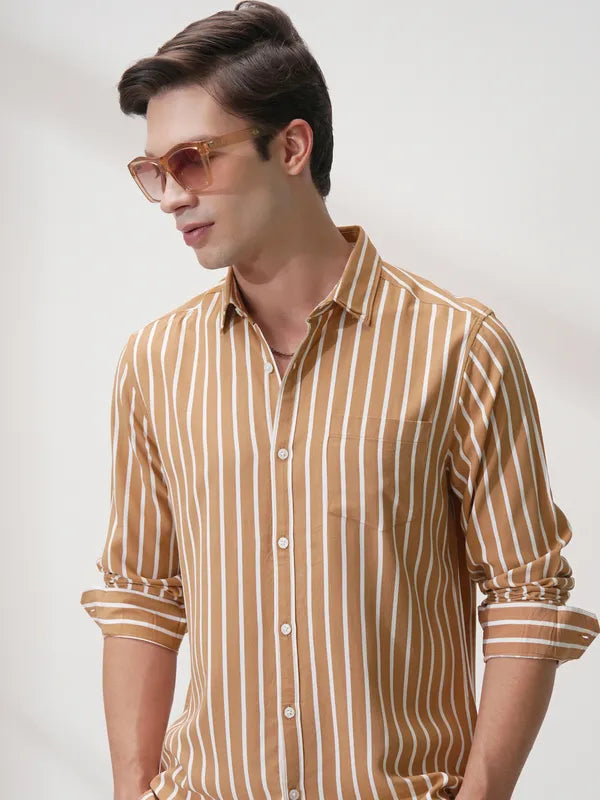 Suburbans Men Rust Striped Regular Fit Casual Shirt