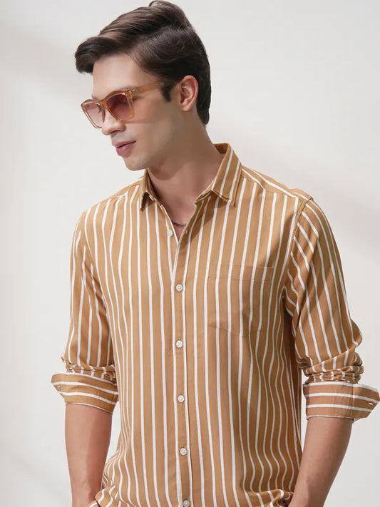 Suburbans Men Rust Striped Regular Fit Casual Shirt