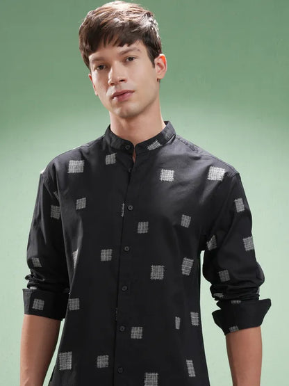 Suburbans Men Navy Blue Self Design Relaxed Fit Casual Shirt