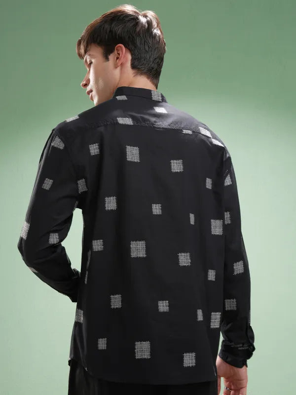 Suburbans Men Navy Blue Self Design Relaxed Fit Casual Shirt