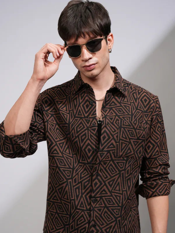 Suburbans Men Brown Printed Relaxed Fit Casual Shirt