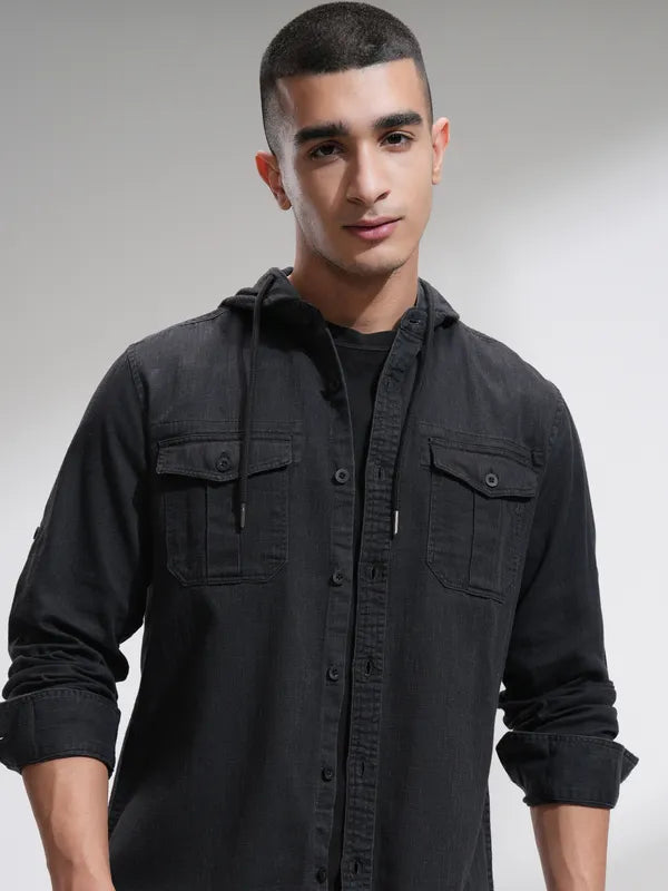 Suburbans Men Charcoal Faded Slim Fit Casual Shirt