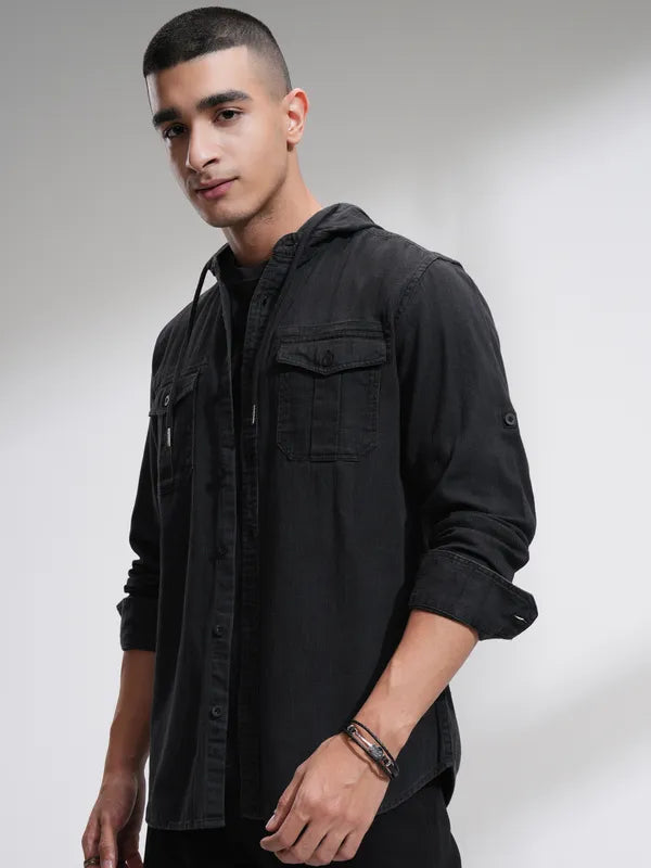 Suburbans Men Charcoal Faded Slim Fit Casual Shirt
