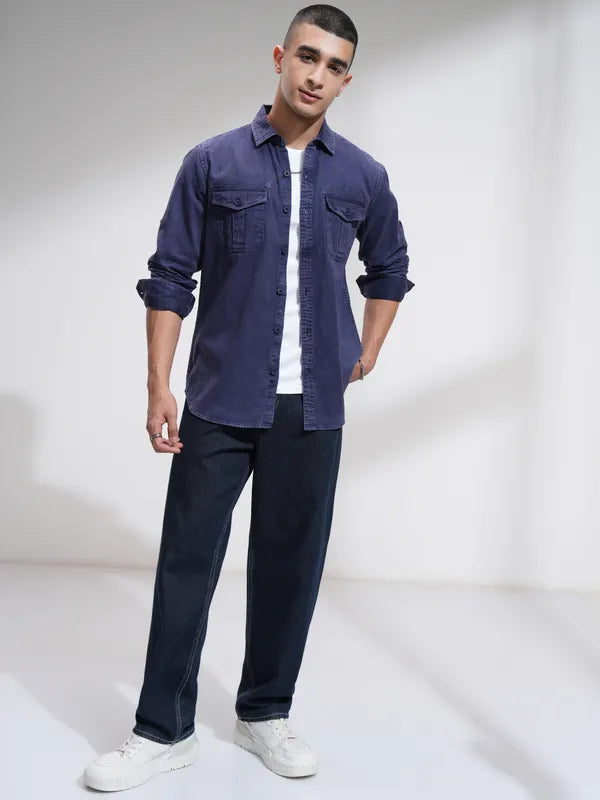 Suburbans Men Blue Solid Slim Fit Casual Shirt