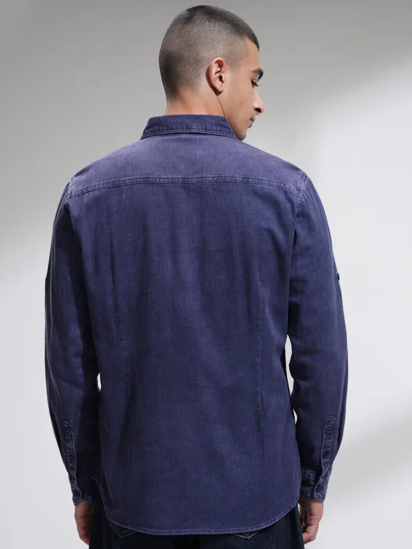 Suburbans Men Blue Solid Slim Fit Casual Shirt