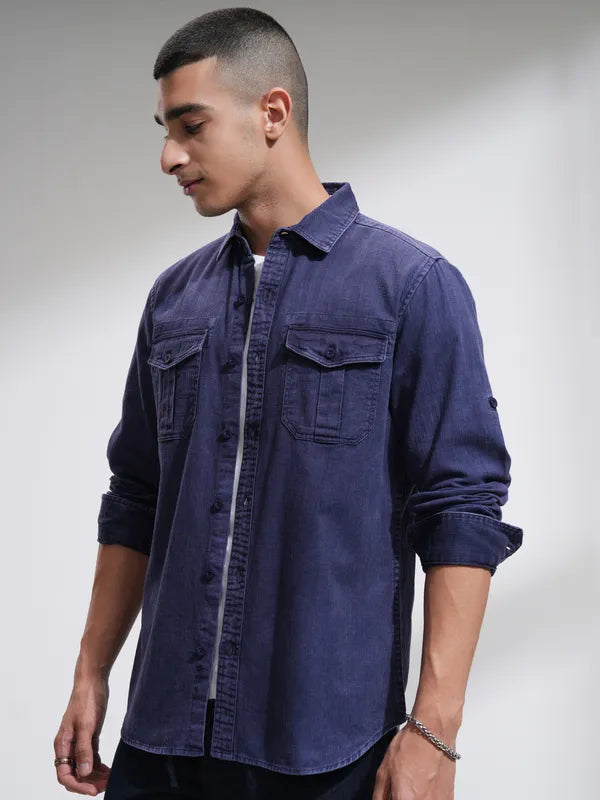 Suburbans Men Blue Solid Slim Fit Casual Shirt
