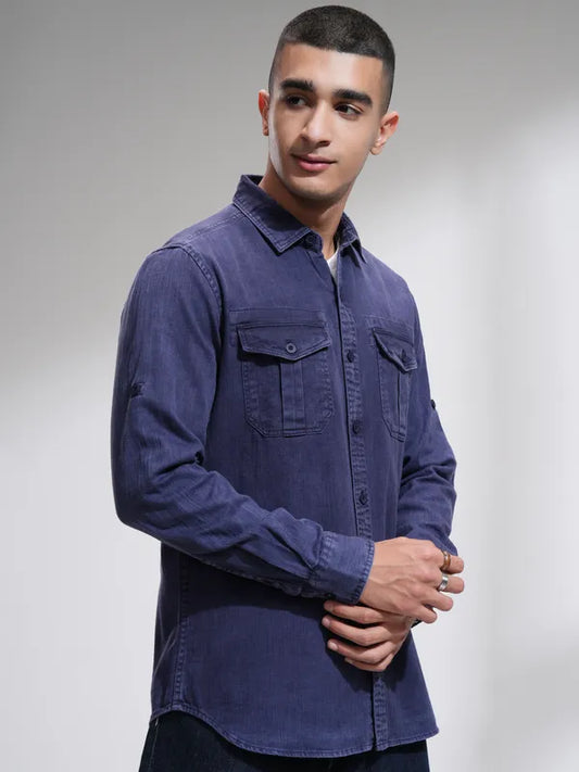 Suburbans Men Blue Solid Slim Fit Casual Shirt