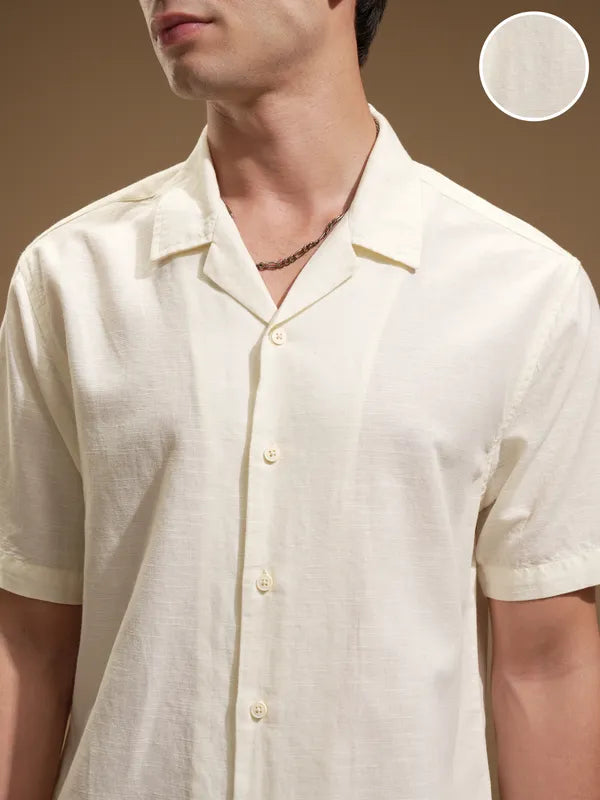 Suburbans Men Off White Self Design Relaxed Fit Casual Shirt