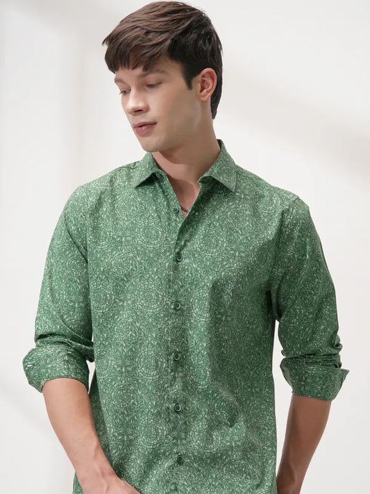 Suburbans Men Green Printed Slim Fit Casual Shirt