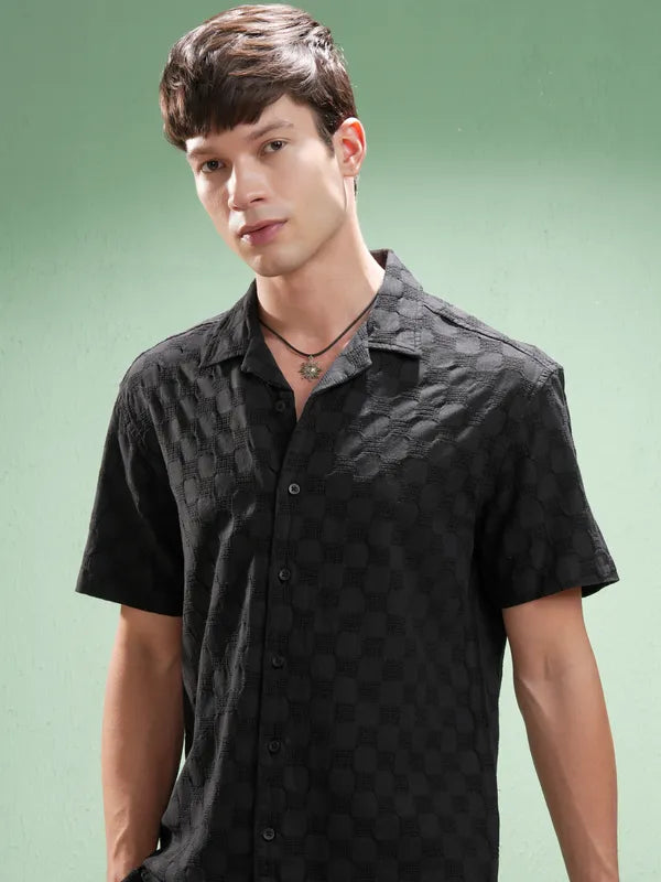 Suburbans Men Black Self Design Relaxed Fit Casual Shirt