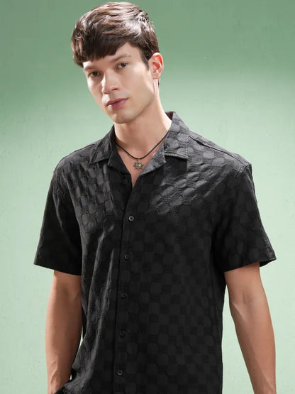Suburbans Men Black Self Design Relaxed Fit Casual Shirt