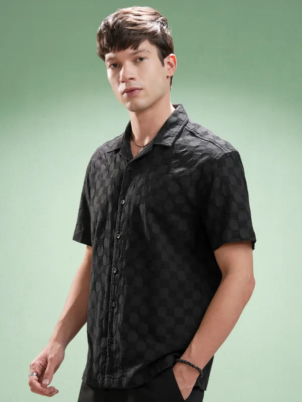 Suburbans Men Black Self Design Relaxed Fit Casual Shirt