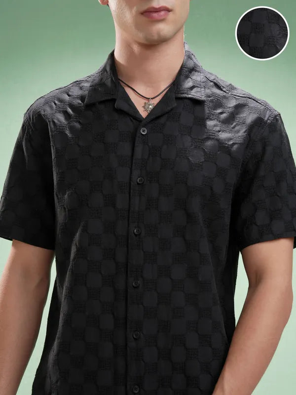 Suburbans Men Black Self Design Relaxed Fit Casual Shirt