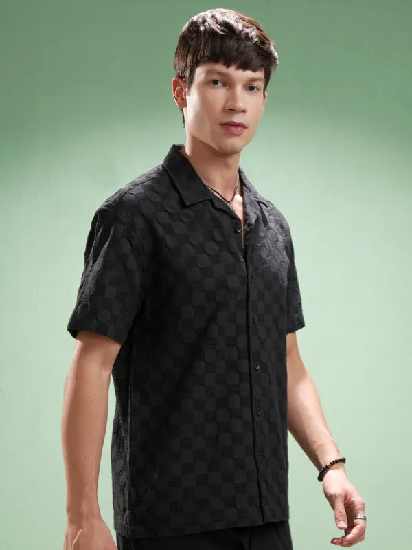 Suburbans Men Black Self Design Relaxed Fit Casual Shirt