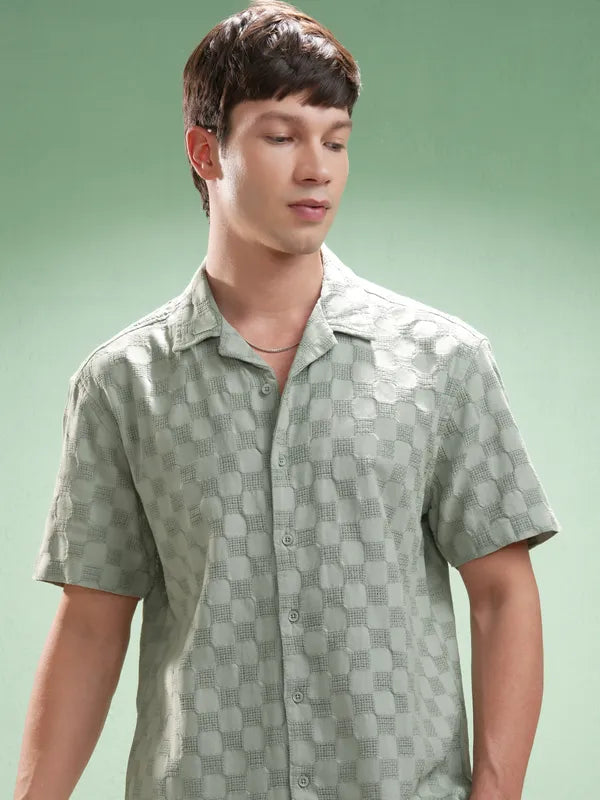 Suburbans Men Olive Self Design Relaxed Fit Casual Shirt