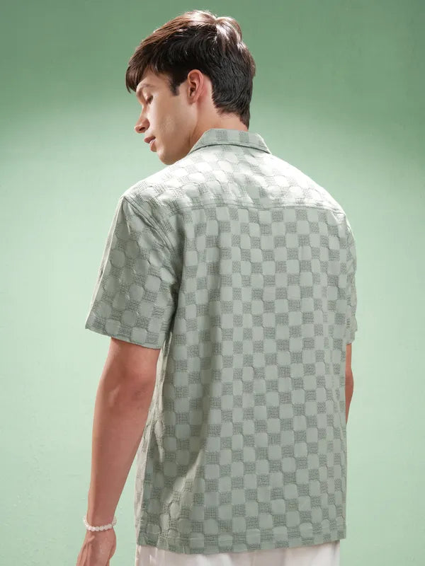 Suburbans Men Olive Self Design Relaxed Fit Casual Shirt