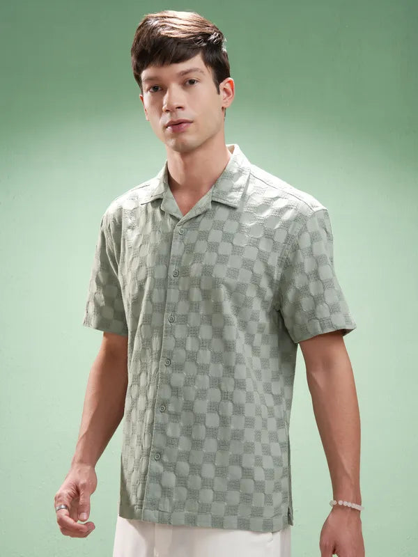 Suburbans Men Olive Self Design Relaxed Fit Casual Shirt