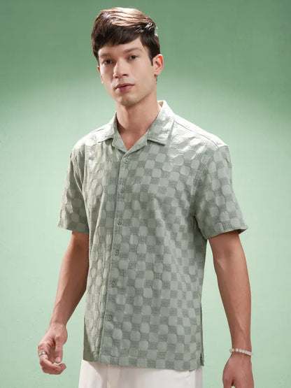 Suburbans Men Olive Self Design Relaxed Fit Casual Shirt