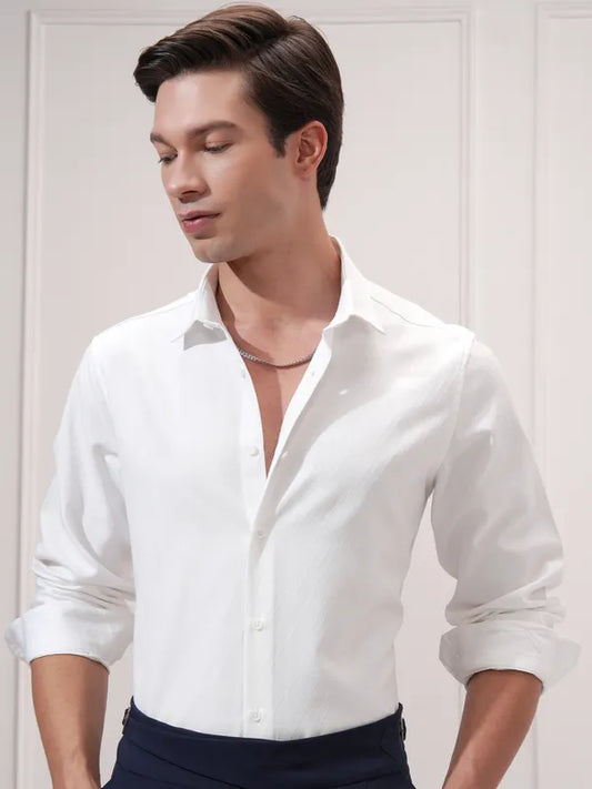 Suburbans Men White Self Design Slim Fit Casual Shirt