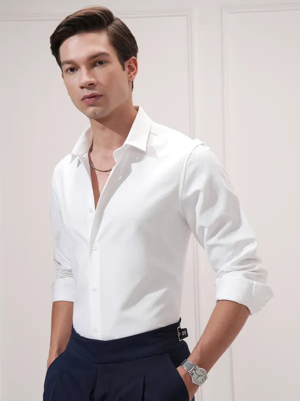 Suburbans Men White Self Design Slim Fit Casual Shirt