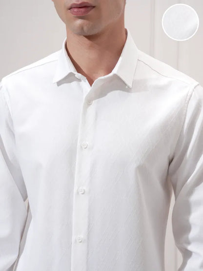 Suburbans Men White Self Design Slim Fit Casual Shirt