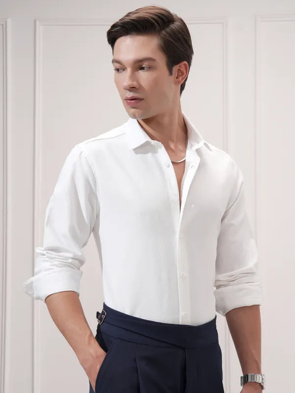 Suburbans Men White Self Design Slim Fit Casual Shirt